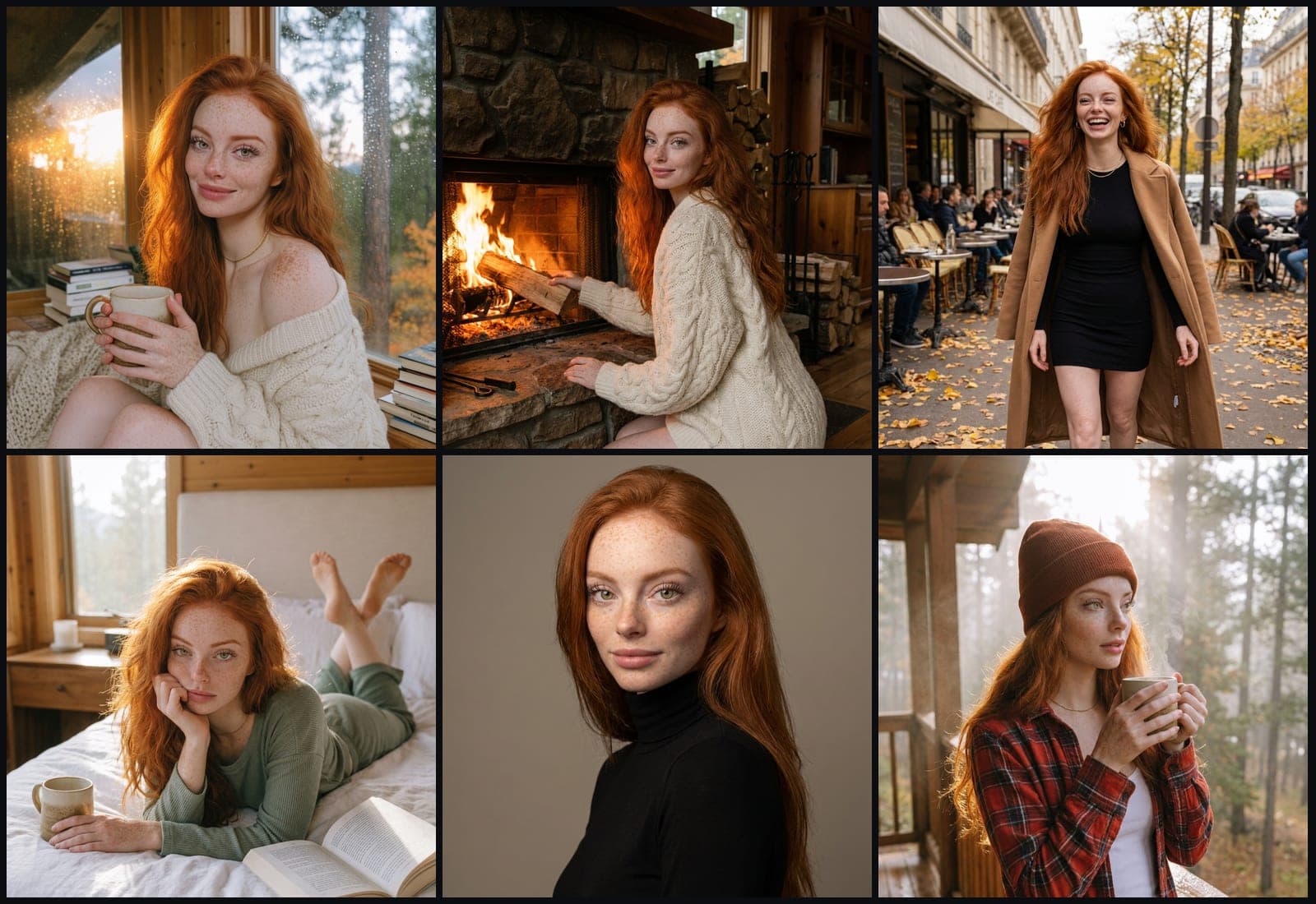The same woman in six different scenes, one face in every frame
