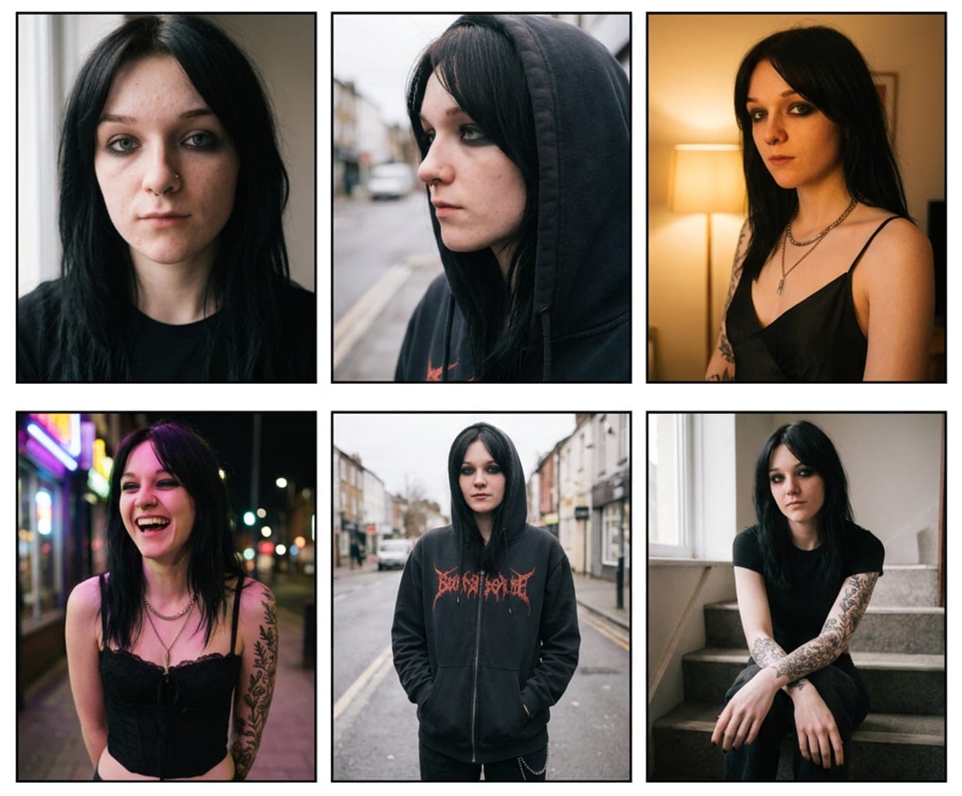 A training set of one woman: six photos with different angles, outfits and light