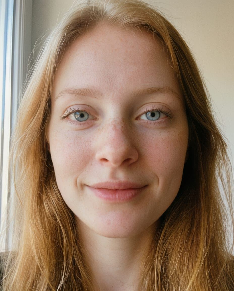 A close-up reference portrait of a strawberry-blonde woman looking into the lens