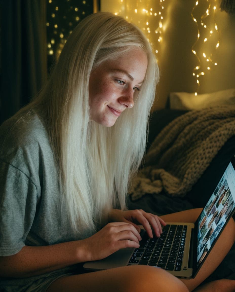 A woman on her bed at night scrolling through a grid of her photos on a laptop