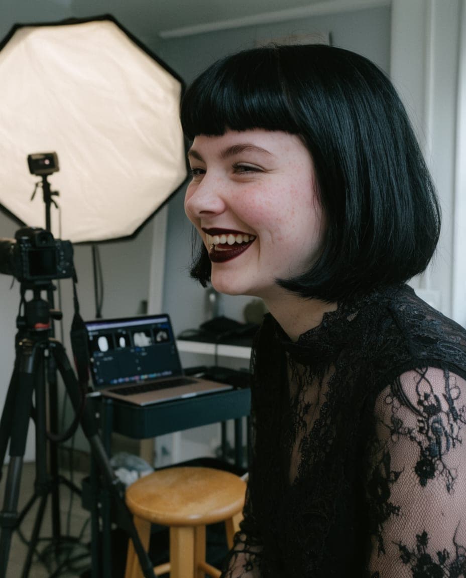 Behind the scenes in a photo studio: a woman with a black bob laughing under a softbox